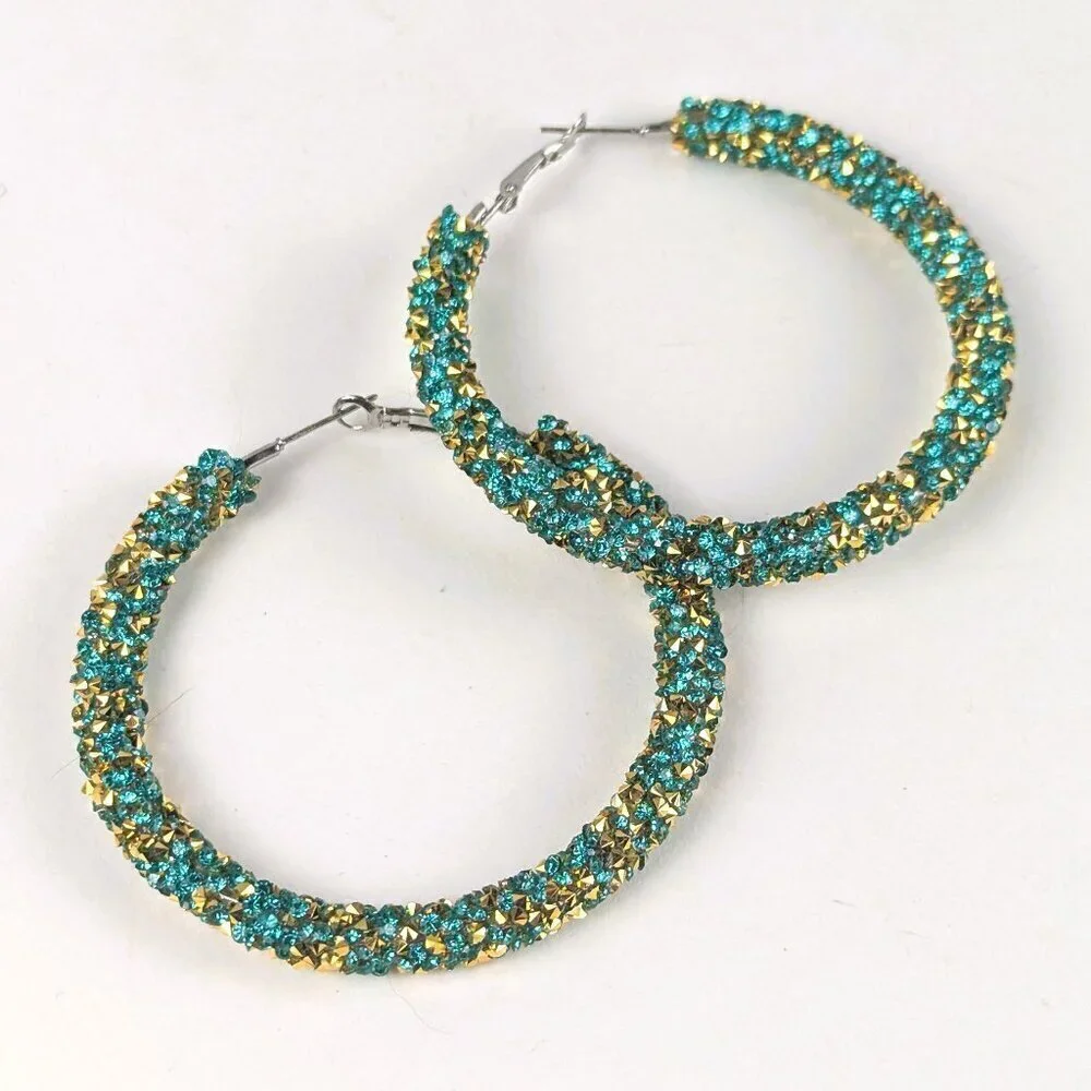 Turquoise & Gold Large Sparkly Hoop Earrings - Picture 1 of 3